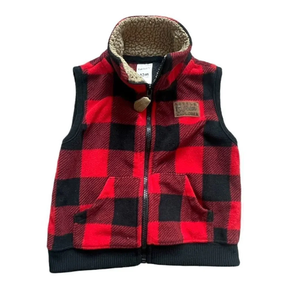 Baby Boys Carters Little Polar Explorer Buffalo Plaid & Sherpa Cozy Vest Sz 12 m